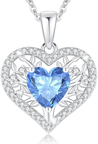 LAVUMO Lebensbaum Herz Kette Damen 925 Sterling Silber Geburtsstein Anhänger Halsketten Geburtstagsgeschenk für Frauen Freundin Mama Valentinstag Muttertags Weihnachten (Silber-12-Dezember)