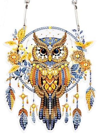 DCIDBEI Diamant Malerei Kranz mit Kette Eule Traumfänger 15x15cm Diamond Painting Ornamente Schilder Fensteranhänger Diamant Painting Anhänger Pendant Plakette Haustürschild Wandschild für Veranda