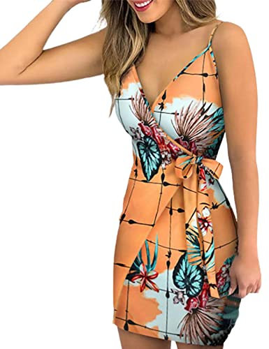 Générique Robe Ete Fine Bretelles Boheme Chic Mariage Invité de Plage Femme Grande Taille Dos Nu Palmier Imprimé Tropical Cache Coeur Col v sans Manches Casual