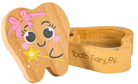 XIHIRCD Scatola Della Fatina dei Denti in Legno, Porta Denti Magnetico per Riporre il Primo Dente, Carino Forma di Dente, Regalo di Souvenir (Stile Femminile Inciso)