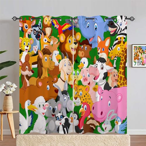 ANHOPE Cartoon Zoo Safari Tier Vorhänge mit Ösen Blickdichte Gardinen Blackout Curtain Thermo Vorhang Kinder Jungen Mädchen Schlafzimmer Wohnzimmer Verdunklungsvorhänge 2er Set H 245 x B 200 cm