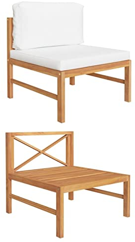 LAPOOH Mittelsofa mit Creme Kissen, Lounge Sofa Outdoor, Garten Loungemöbel, Gartensofa, Gartenlounge, Balkon Set Möbel, Teak Massivholz