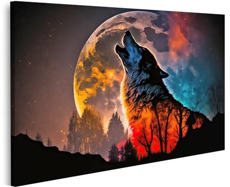 islandburner Bild auf Leinwand Doppelbelichtung Heulender Wolf Silhouette Vollmondhimmel Bilder Wandbilder Poster