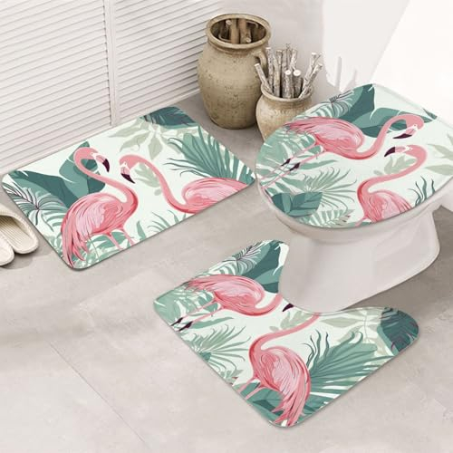 Dwrepo Lot de 3 tapis de bain antidérapants pour salle de bain, tapis de bain en microfibre absorbant, tapis de contour et couvercle de WC, motif feuilles de flamant rose