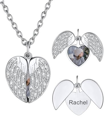 U7 Halskette Damen Foto Kette Medaillon zum Öffnen für Bilder Engelsflügel Anhänger Herzkette mit Gravur Flügel Fotoanhänger Memorial Fotokette Kettenanhänger Memorial Kette Modeschmuck für Freundin
