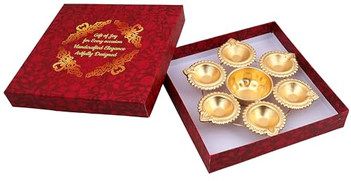 R Ayurveda Copper Diya Shape Iron Flower Decorative Urli for Home | Handcrafted | Golden | Decorative Metal Diya Traditional Golden Bowl Table Decor Gift (Diya URLI Bowl 7 INCHES 6 Diya)