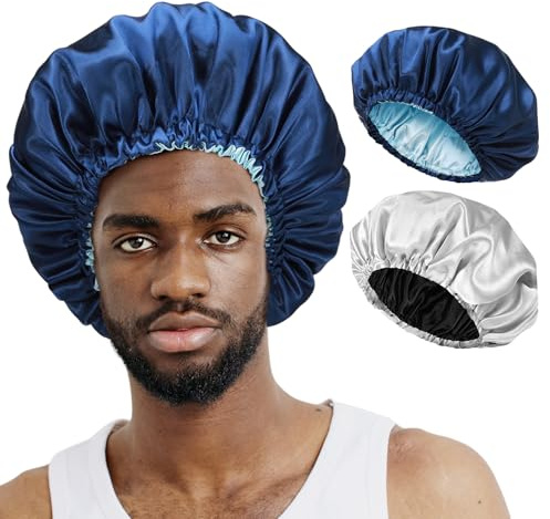 Halinuia 2 Pièces Bonnet en Satin pour Cheveux Nuit Homme Femmes Respirant Ajustable Élastique Antidérapant pour Tresses Bouclés Locks