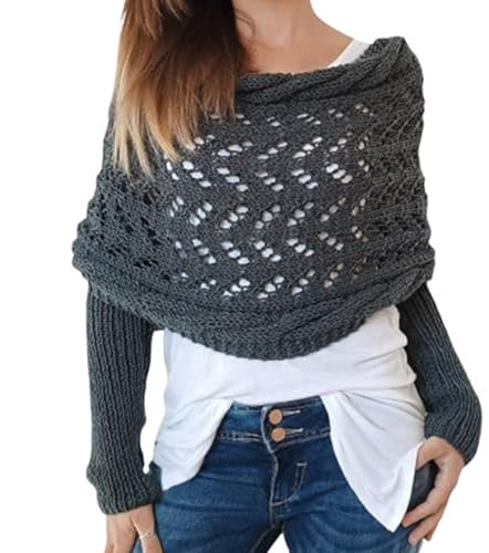 SVCEQZE 260 x 37 cm, gemütlicher Ärmel-Schal, Strickschal mit Ärmeln, Pullover, Schal, multifunktionaler Strickschal, Bohemian-Häkeltuch, Umhang, langärmeliger Schal für Damen, dunkelgrau, Refer to