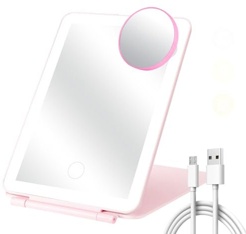 Farerkass Espejo Maquillaje con Luz Portátil Plegable, 3 Colores de Luz, Interruptor Táctil, Brillo Ajustable, Espejo Tocador con Luz Incluye Espejo Aumento 10x para Doméstico, Viajes (Rosa)
