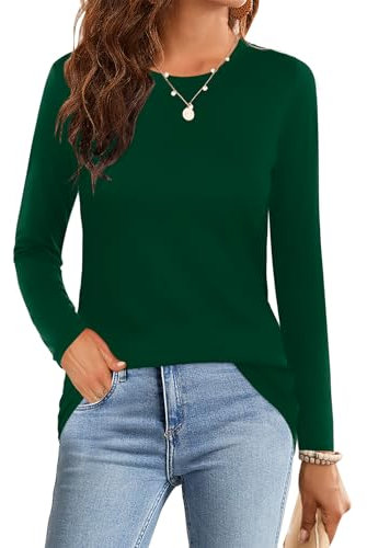 Elesomo T Shirts for Women Crew Neck Tops Ladies Tshirts Long Sleeve Tees, Dark Green UK 22 24