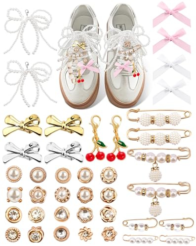 40 Stück Schuhanhänger für Sneakers Junk Charms für Frauen Schuh Spitze Socken enthalten Broschen Pins Clips Bögen Schmuck Perle Charme Zubehör Bulk für Kleidung Tasche Hut