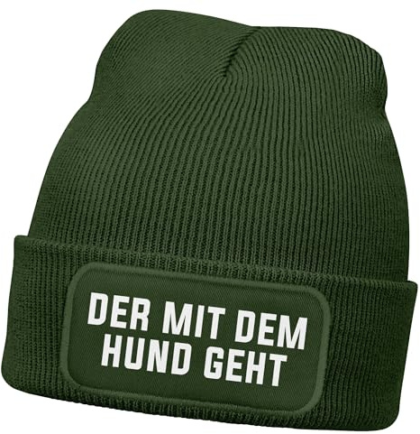 MoonWorks® Herren Beanie Strickmütze mit Patch Spruch Der mit dem Hund geht Aufdruck Lustig Mütze Männer