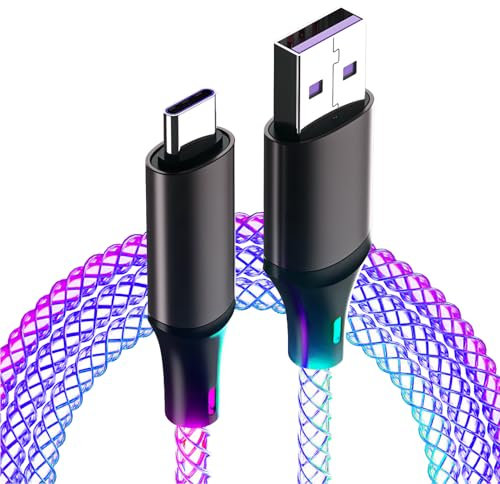 USB-A-auf-USB-C-Ladekabel, bunt, 6 A, USB-Typ-C-Ladekabel, Regenbogenkabel, LED-Atmungslicht, 66 W, schnelles Ladekabel, leuchtendes Ladegerät für Galaxy Honor X6a Redmi Huawei Pad Laptops