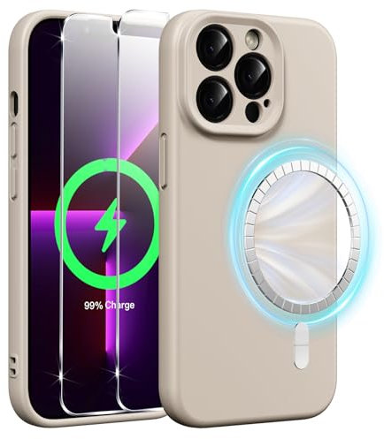 Xiltlly Cover Magnetica Silicone Liquido per iPhone 13 Pro Max 6,7 Pollici con 2 Vetro Temperato, Compatible con MagSafe Magneti Integrati, Custodia Antiurto AntiGraffio per iPhone 13 Pro Max, Grigio