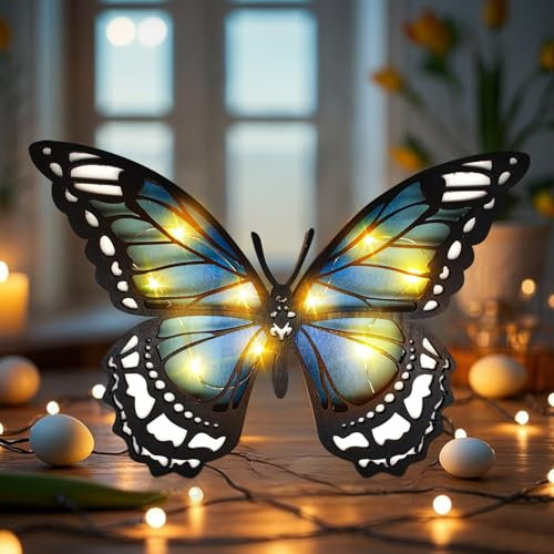 Lergas Osterdeko Holz Schmetterling Deko, 3D Ostern Deko Gradient Schmetterlinge, Osterdekoration Hohlem Holzschnitzerei mit LED Licht, Ostern Dekoration Holzdeko für Wohnzimmer Schlafzimmer (Blau)