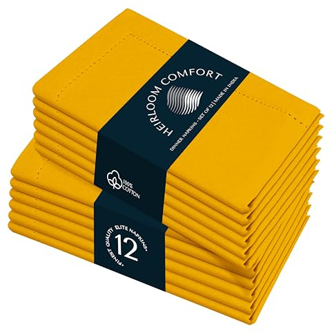 HEIRLOOM COMFORT Senfgelbe Stoffservietten, 45 x 45 cm, 12 Stück, 100 % Baumwolle, saugfähig, wiederverwendbar, weich, waschbar, Hohlsaum, gehrte Kanten, ideal für Abendessen, Alltag, Babypartys