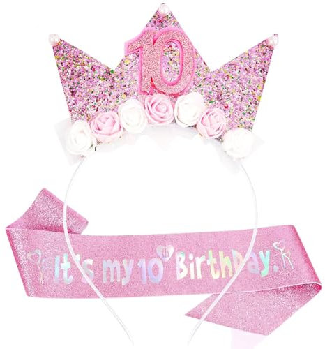 LunarCharm Dekorationen zum 10. Geburtstag für Mädchen, Haarreif und Glitzerschärpe für 10-jährige Mädchen als Geburtstagsdekoration, Blumen-Prinzessinnen-Kronen-Haarreif