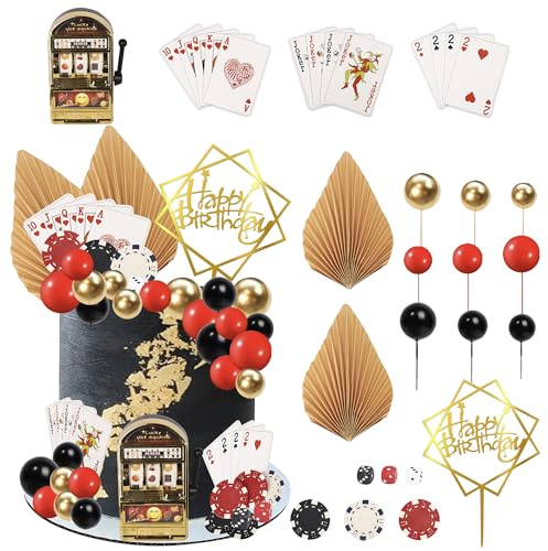 31 Stück Casino-Kuchenaufsatz, Casino-Kuchendekorationen mit Mini-Schlitz, Spielzeugmaschine, Poker-Cupcake-Topper, Casino, Happy Birthday, Kuchendekoration, Pokerchips, Würfel für Las Vegas Szene