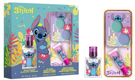 Disney Stitch, set regalo di profumo e trucco naturale per bambini – Eau de Toilette spray 30 ml, lucidalabbra e palette di ombretti con pennello | Regalo di bellezza sicuro, vegano e