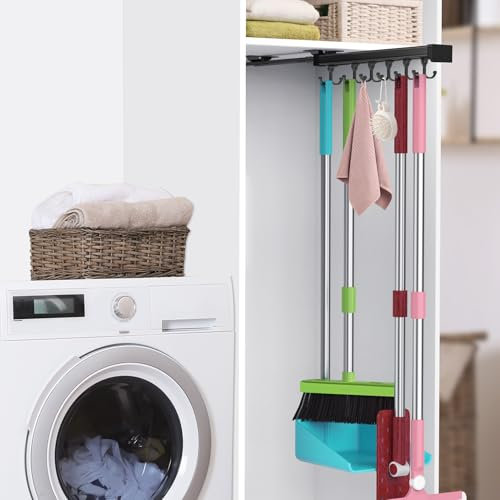 DegMongee Pull Out Broom Holder With Adjustable Double Row Sliding Hook, Multifunctional Slide Broom And Mop Storage/Organizer Garage Organization Hooks, for Closet Laundry Garage Cupboard Kitchen