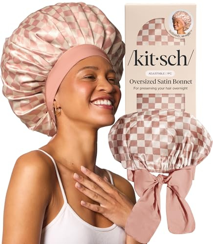 Kitsch XL Satin Bonnet for Sleeping, Softer Than Silk - Terracotta Checker | Hair Bonnet for Women, Secure Fit, Adjustable Night Cap for Curly & Textured Hair, Prevents Breakage, Tangles & Thinning