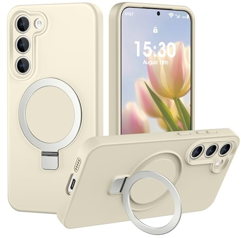 PuyaTeya Hülle für Samsung Galaxy S23 mit Magnet Ring Ständer, Beige | Militärschutz Stoßfest Kratzfeste, Vollständiger Kameraschutz, Mikrofaser-Innenfutter Silikon Handyhülle