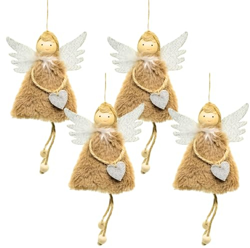 BoBoU Weihnachtsschmuck Braun Engel (4er-Set) aus Holz und Gewebe Weihnachtliche Deko Baumanhänger Puppe Weihnachtsbaumschmuck Deko Anhänger Weihnachtsdekoration