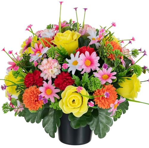 Memobloom Artificial Grave Flowers in Pots, Yellow Orange Red Pink Roses | Grave Flower Pots, Spring Summer Cemetery Ornaments, Fake Funeral Memorial Chrysanthemum Bouquet Outdoor Graveside Decoration