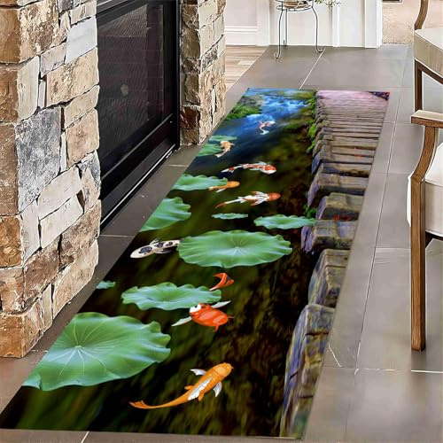 USHIRUG 3D Landschafts Teppich für Flur, 60x150cm Landschaftsteppiche Mit Kleiner Brücke, Lotus und Koi Fisch Läufer, Optische Täuschung, Pflegeleichte Fußmatte für Flur, Schlafzimmer, Wohnzimmer