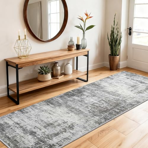 SOANNY Teppich Läufer, Kurzflor rutschfest Superweich, 60x180 cm, Aschgrau | Modern Abstrakt, Waschbar, Pflegeleicht, Für Flur Korridor Küche Treppe Bettumrandung Wohnzimmer Schlafzimmer Büro