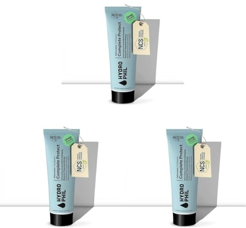 HYDROPHIL Complete Protect Zahncreme – Fluoridfrei - Zertifizierte Naturkosmetik - Vegan, Schutz vor Zahnschmerzen, Naturkosmetik, Zahnpflege für empfindliche Zähne (75 ml (3er Pack), Ohne Fluorid)