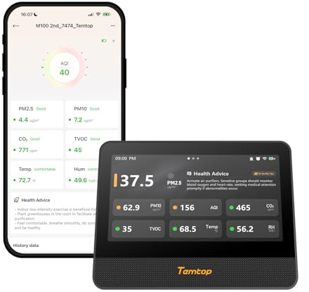 Temtop M100 2nd Luftqualitätsmonitor mit WiFi & LoRa und 7-Zoll Display | 7-in-1 Messgerät für PM2.5, PM10, CO2, TVOC,Temperatur & Luftfeuchtigkeit. Echtzeitdaten per App, Alarmfunktion & Farbdisplay