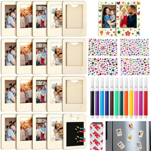 56 Stück DIY Magnet Bilderrahmen Klein Set Holzbilderrahmen zum Bemalen | Inklusive 4 Bögen mit Strass Bilderrahmen Holz zum Bemalen Magnet Holzrahmen für Kühlschrankmagnete Basteln von Geschenken