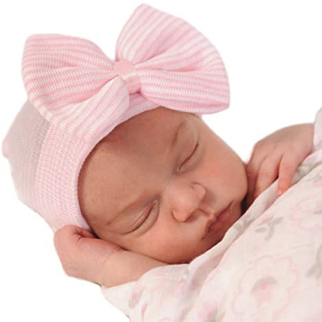Clysburtuony Newborn Handmade Hat, Knitted Crochet Cap for Babies (0-3 Months), Infants' Big Bow Headwrap (Pink)