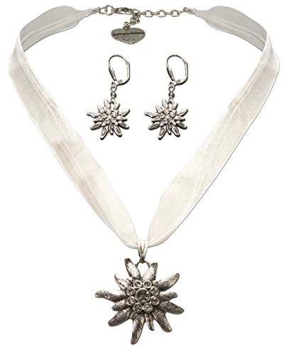 Alpenflüstern Trachtenschmuck-Set Organza-Trachtenkette und Ohrhänger Strass-Edelweiß - Damen-Trachten-Schmuck, Trachtenset Dirndl-Kette und Trachten-Ohrringe in traditionellen Farben SET019