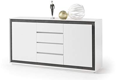 Möbel Akut Sideboard Durban weiß matt lackiert Frontrahmen Beton Dekor Schrank Vier Schubkästen