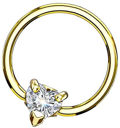Piersando BCR Piercing Klemmring Ring mit Kristall Herz Klemm Kugel Septum Nasen Lippen Helix Ohr Tragus Gold 1,6mm x 12mm x 5mm