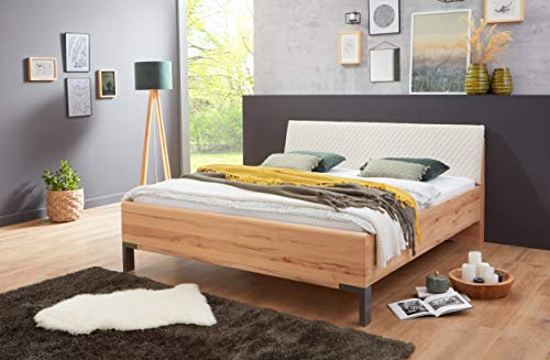 WIEMANN Livorno Bett, Doppelbett, Bettgestell 200 x 210 cm, Astkernbuche, Futonbett, Komforthöhe, Kopfteil gepolstert, creme, gesteppt