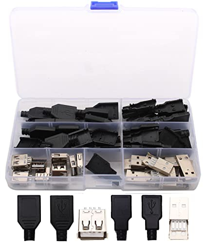 RUNCCI-YUN 20 Pairs USB 2.0 Type A Male Socket, Soldering USB Type A Male, USB 2.0 Type A Male Socket 4-pin, DIY USB 2.0 Connector Plug A Type Male Type Black Plastic Shell for Data Connection