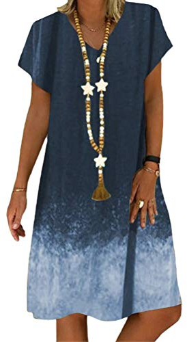 Minetom Donna Estivo Vestito da Spiaggia Casuale Manica Corta Scollo a V Blocco di Colore Abito al Ginocchio Sciolto Camicia Abiti Taglie Forti E Blu XL