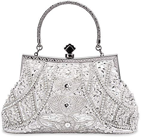 Zebrum Pochette de soirée de designer, sac à main de soirée, pochette de soirée pour portefeuille, porte-monnaie pour jeune femme - Argenté - Style vintage avec perles et paillettes argentées.,
