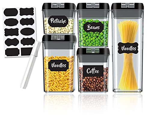 Contenitori Alimentari Dispensa Barattoli Cucina Barattoli Di Plastica Ermetici Biscottiera Contenitori Pasta Dispenser Cereali Bpa Free Set Di 5 + 10 Etichette + Penna,0.5/2*0.8/1.2/1.9L (Upgrated)