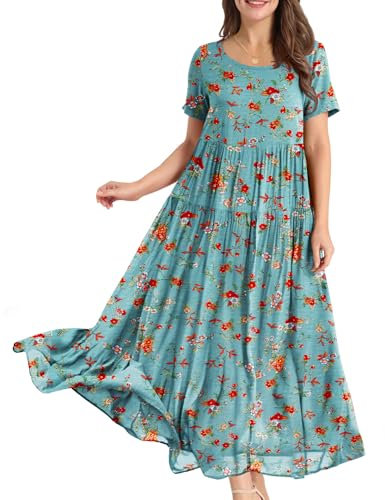 YESNO Women Dresses Casual Plus Size Bohemian Short Sleeve Floral Long Maxi Summer Beach Swing Dress/Pockets M EJFUK CR14