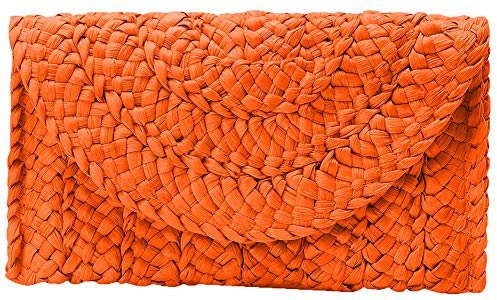 Obosoyo Women's Orange Straw Clutch Handbag Purse Wallet Summer Beach Bag Woven Bag Size 25cm x 17cm