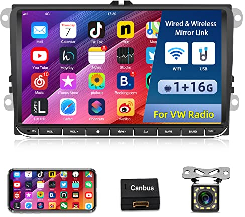 9 Zoll 2 Din Android Autoradio für VW Golf 5 6 7 Polo T5 Caddy RCD Passat Skoda Seat, Touchscreen Radio mit Navi Bluetooth Mirror Link FM USB RCA GPS WiFi + Rückfahrkamera
