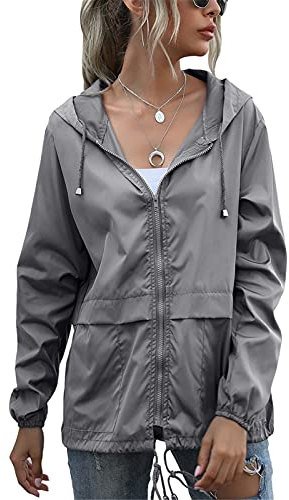 SotRong Jacke für Damen, Windjacke, leicht, verstaubar, wasserdicht, für Outdoor, Radfahren, Laufen, Reißverschluss, mit Kapuze, schnell trocknend, regenfest, dunkelgrau, 36