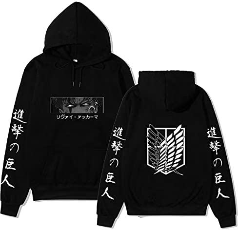 Sybnwnwm Unisex Attack on Titan Hoodie Levi Ackerman Pullover Scout Legion Anime Hoodies Langarm Sweatshirts, Schwarz , S