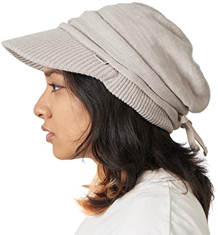 CHARM Herren Beanie Mit Schirm - Bio-Baumwolle Visor Cap Chemo Hut Strickmütze Mix Beige