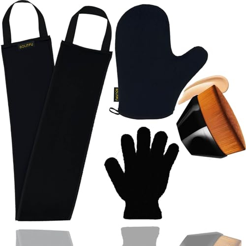 Juego de 4 manoplas autobronceadoras (4 aplicadores de bronceado) | 1 guante autobronceador, 1 aplicador de loción autobronceadora, 1 cepillo de bronceado automático, 1 guante exfoliante