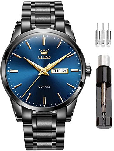 OLEVS Herren-Armbanduhr, lässig, analog, Quarz, großes Zifferblatt, minimalistisch, luxuriös, Edelstahl, Gw-g6898-black-blue, Kleideruhr
